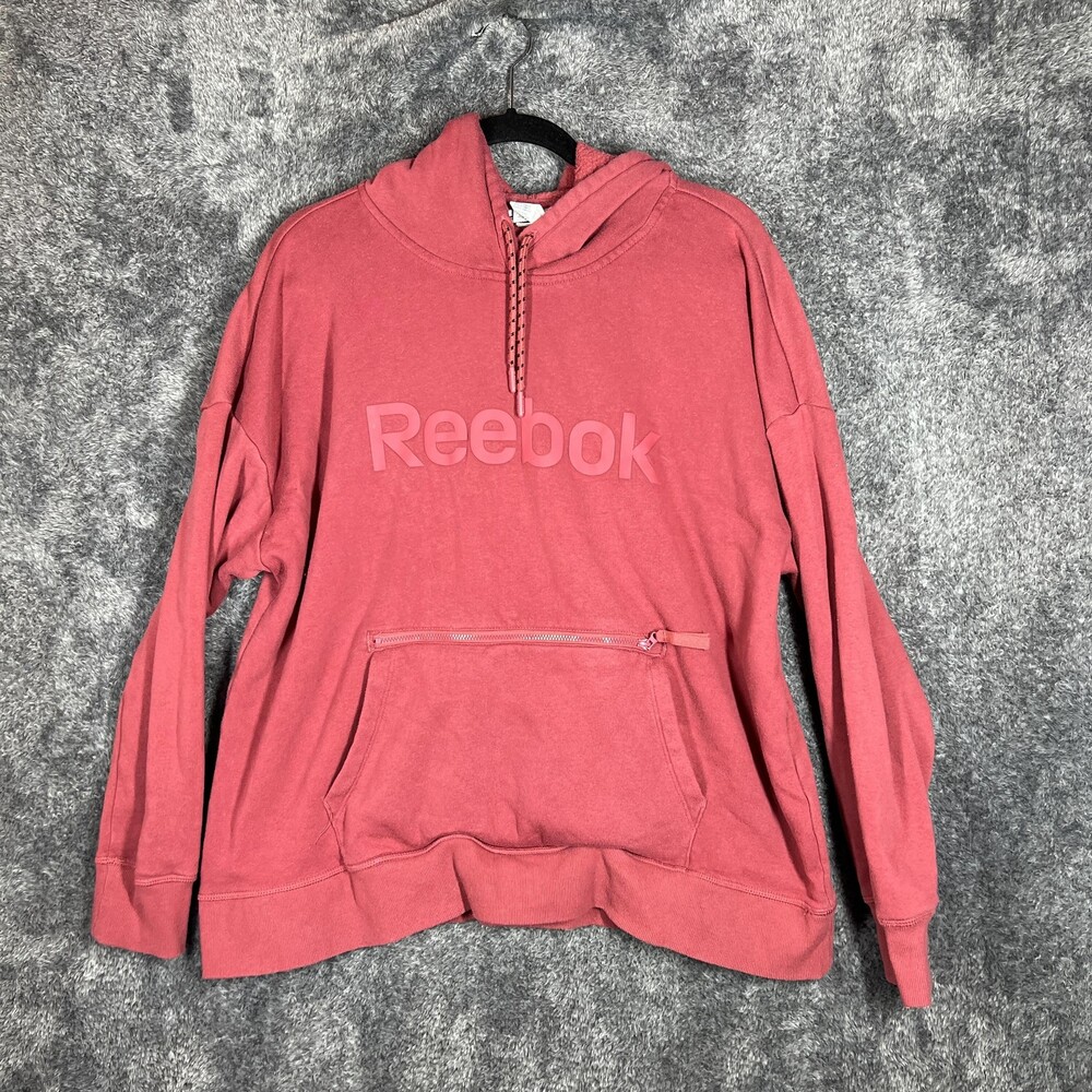 Reebok Hoodie Sweatshirt Mens XL Red Pullover Fleece Zip Pocket Graphic Kangaroo